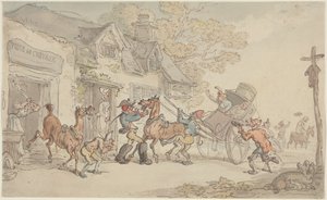 Výměna koní v zájezdním hostinci ve Francii od Thomas Rowlandson