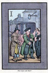 Podívejte se, jak si Hackney stěžuje cestujícím na malé spropitné (1819). Dřevoryt podle malby Thomase Rowlandsona (1756-1827), publikované v The Cris of London: se šesti okouzlujícími dětmi a téměř 40 ilustracemi od Andrewa Tuera, Fielda a Tuera, od Thomas Rowlandson