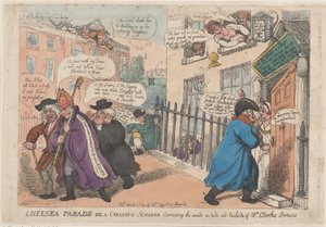 Chelsea Parade aneb kvákající člen zkoumající vnitřek venku a zadní stranu ..., 4. března 1809. od Thomas Rowlandson