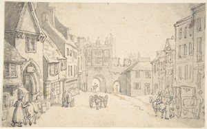 Pohled na město se středověkou bránou (pravděpodobně York) od Thomas Rowlandson