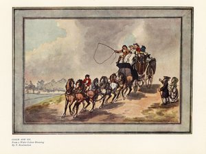 Kočár a šest koní s pasažéry a zavazadly na střeše od Thomas Rowlandson