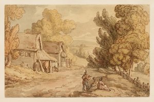Chalupa a stodola s odpočívajícími postavami u venkovské cesty od Thomas Rowlandson