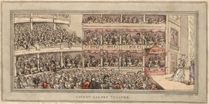 Divadlo Covent Garden, hospoda. Henry Brookes, 1786 (ručně kolorovaný lept) od Thomas Rowlandson