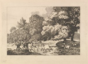 Lov na jelena – krajinomalba s jelenem a loveckými psy u řeky od Thomas Rowlandson
