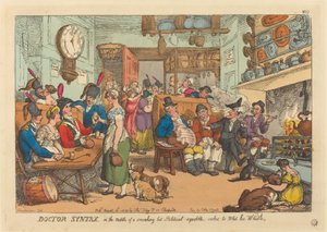 Doktor Syntax, uprostřed kouřící horké politické hádky, si přeje namočit si pískání od Thomas Rowlandson