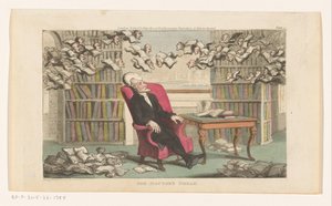 Doktor Syntax spí v knihovně Doktorův sen (název na předmětu) od Thomas Rowlandson