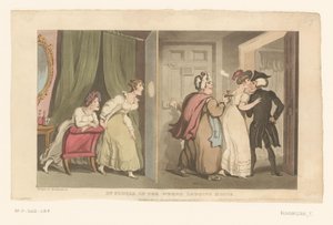 Doktora Syntaxe vedou dveřmi dvě ženy od Thomas Rowlandson