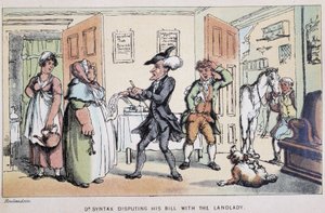 Doktor zpochybňuje účet (v hotelu?) - ve „Třech cestách doktora Syntaxe: při hledání malebné útěchy a manželky“ od Williama Combe, nemocného. Rowlandson od Thomas Rowlandson