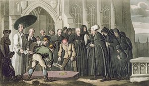Dr. Syntax na pohřbu své manželky, z „Prohlídka Dr. Syntaxe při hledání malebného“, od Williama Combe, vydáno 1812 (akvatinta) od Thomas Rowlandson