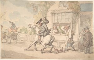 Dr. Syntax s neposlušným koněm před hostincem od Thomas Rowlandson