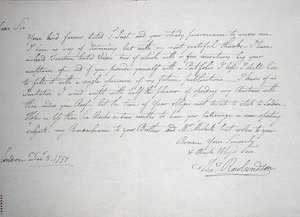Nejstarší známý dopis od umělce panu Downsovi, potenciálnímu mecenáši, 8. prosince 1797 (pero a inkoust na papíře) od Thomas Rowlandson