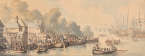 Nalodění v Southamptonu, 20. června 1794 (akvarel a pero a hnědý, šedý a červenohnědý inkoust přes grafit na středním, lehce texturovaném, krémově tkaném papíře) od Thomas Rowlandson