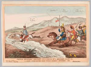 „Anglické způsoby a francouzská obezřetnost nebo francouzští dragouni přivedeni ke kontrole Belvoirovým skokem září 1811“ (rytina, kolorovaná) od Thomas Rowlandson