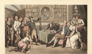 Anglický gentleman ve své pracovně poslouchá případ pytláctví od Thomas Rowlandson