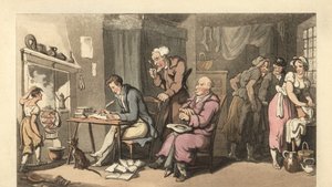 Anglický gentleman píše prosící dopis ve zchátralém salonu od Thomas Rowlandson