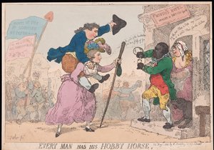 Každý člověk má svého koníčka, hospodu. 1784 (ručně kolorovaná rytina) od Thomas Rowlandson