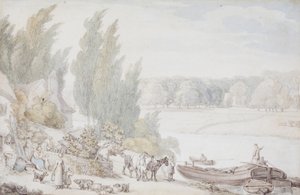 Statek na břehu řeky od Thomas Rowlandson