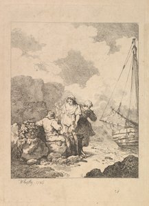 Rybáři u pobřeží - Pobřežní scéna s mužem sedícím na skalách a kouřícím dýmku, Nex..., 1786. od Thomas Rowlandson