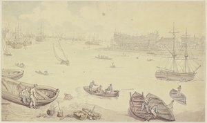 Řeka s mnoha loděmi a loděnicí od Thomas Rowlandson