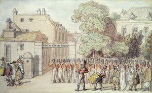 Francouzští vojáci na přehlídce (pero a akvarel na papíře) od Thomas Rowlandson
