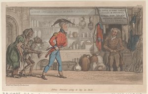 Johnny Newcome bude ležet na skladě, z The Military Adventures of Johnny Newcome, 1815., 1815. od Thomas Rowlandson