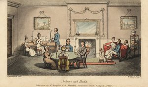 Johnny se dvoří Marii v salonu, zatímco ostatní hrají karty a zpívají písně před krbem. Ručně kolorovaná mědirytina od W. Reada podle ilustrace Thomase Rowlandsona z knihy Alfreda Burtona The Adventures of Johnny Newcombe in the Navy, Si od Thomas Rowlandson