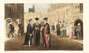 Johnny v hábitu mluví s Donsem na Oxfordské univerzitě, zatímco jiní učenci a studenti kupují kukuřici od obchodníků s potravinami a obtěžujících pokojských. Ručně kolorovaná mědirytina Thomase Rowlandsona z knihy Williama Combe The History of Johnny Quae  od Thomas Rowlandson