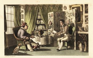 Johnny čte siru Jefferymu Gourmandovi ve své pracovně. Ručně kolorovaná mědirytina Thomase Rowlandsona z knihy Williama Combe The History of Johnny Quae Genus, the Little Foundling of the late Doctor Syntax. od Thomas Rowlandson