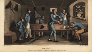 Johnny zvrací do kbelíku v kajutě, když jeho loď vyplouvá. Další důstojník navrhuje jako lék slanou vodu a kus slaného vepřového na provázku. Ručně kolorovaná mědirytina W. Read podle ilustrace Thomase Rowlandsona od Alfreda Burta od Thomas Rowlandson