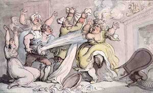 Dáma s parukou v ohni (pero, inkoust a akvarel na papíře) od Thomas Rowlandson