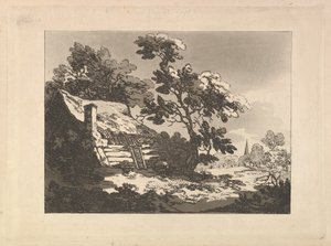 Krajina s chaloupkou mezi stromy vlevo a vzdálenou kostelní věží vpravo od Thomas Rowlandson