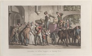 Liberalita k invaliditě žebráků při odchodu z Yrvi, z Journal of Sentimental Travels v ..., 1821. od Thomas Rowlandson