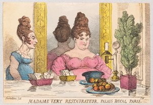Madame Very, Restaurateur, Palais Royal, Paříž, hospoda. 1814 (ručně kolorovaná rytina) od Thomas Rowlandson