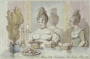 Paní Véry, majitelka restaurace. Palais Royal v Paříži od Thomas Rowlandson