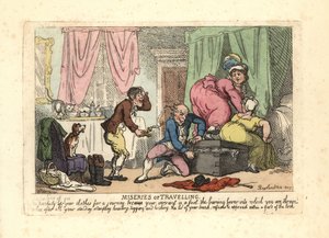 Muž a dvě ženy nedokázali zavřít zabalený kufr. od Thomas Rowlandson