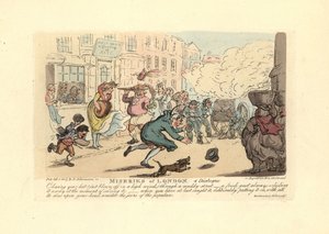 Muž honí svůj klobouk po blátivé ulici v silném větru. od Thomas Rowlandson