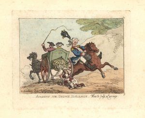 Muž ztrácí kontrolu nad svým koněm, když míjí kočár. od Thomas Rowlandson