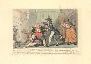 Muž trpící dnou bolestivě pozdravil námořník. od Thomas Rowlandson