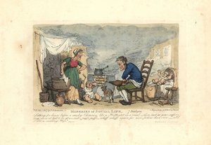Muž pomocí měchů před ohněm v zakouřené místnosti. od Thomas Rowlandson