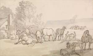 Kobylky a hříbata na pastvině od Thomas Rowlandson