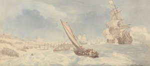 Válečné lodě a plachetnice u pobřeží od Thomas Rowlandson