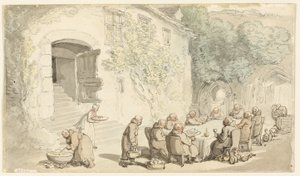 Mniši večeří venku (recto); Vesnická ulice (verso) od Thomas Rowlandson