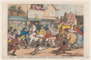 Další strasti: Dno staré láhve od whisky pana Figga prasklo od Thomas Rowlandson
