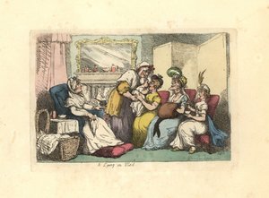Matka s nově narozeným dítětem navštívilo několik žen v salonu. od Thomas Rowlandson