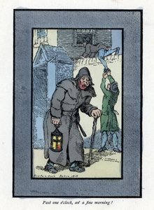 Noční hlídač s lucernou a holí, nevšímavý ke dvěma zlodějům vstupujícím do domu za ním (1819). Dřevoryt podle malby Thomase Rowlandsona (1756-1827), publikované v The Cris of London: se šesti okouzlujícími dětmi a téměř 40 iluzemi od Thomas Rowlandson