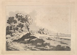 Otevřená krajina se třemi jezdci ve střední vzdálenosti směřujícími doprava, Windblo..., 1784-88. od Thomas Rowlandson