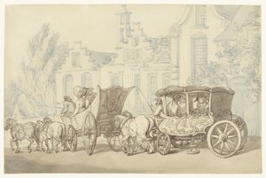 Otevřený prohlídkový vůz a kočár v kvaziholandské ulici od Thomas Rowlandson