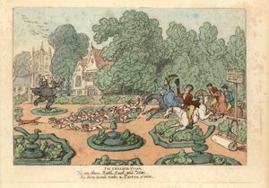 Parson nadává na lovce lišek a ohaře, kteří mu šlapou po zahradě. od Thomas Rowlandson