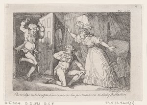 Partridge přeruší Toma Jonese v jeho Protestations to Lady Bellaston, z Historie o..., 1792. od Thomas Rowlandson
