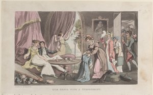 Quae Genus with a spendthrift, z Historie Johnny Quae Genus, The Li..., 1. září 1821. od Thomas Rowlandson
